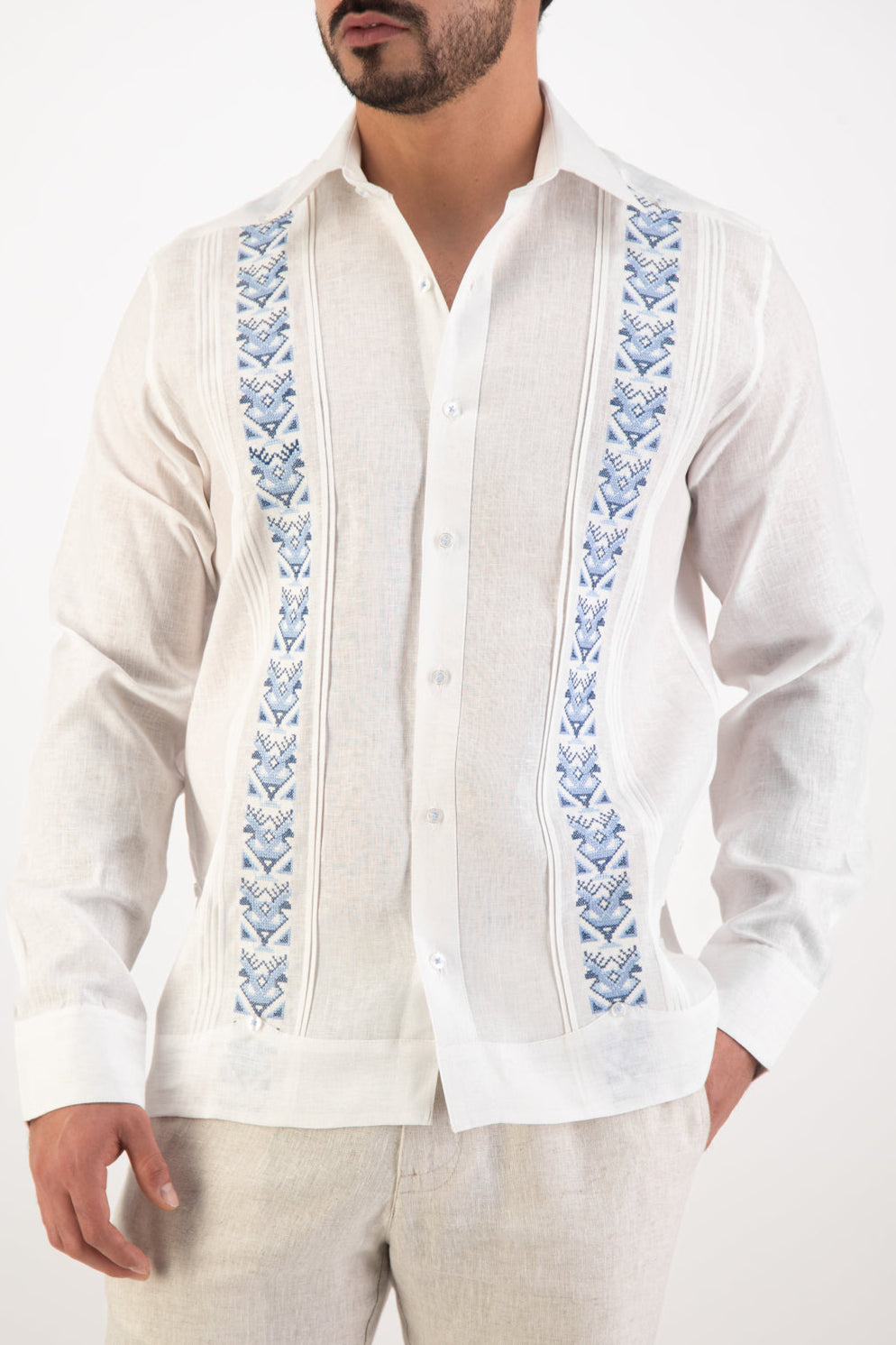 Guayabera Palermo Blanca Detalles Azul