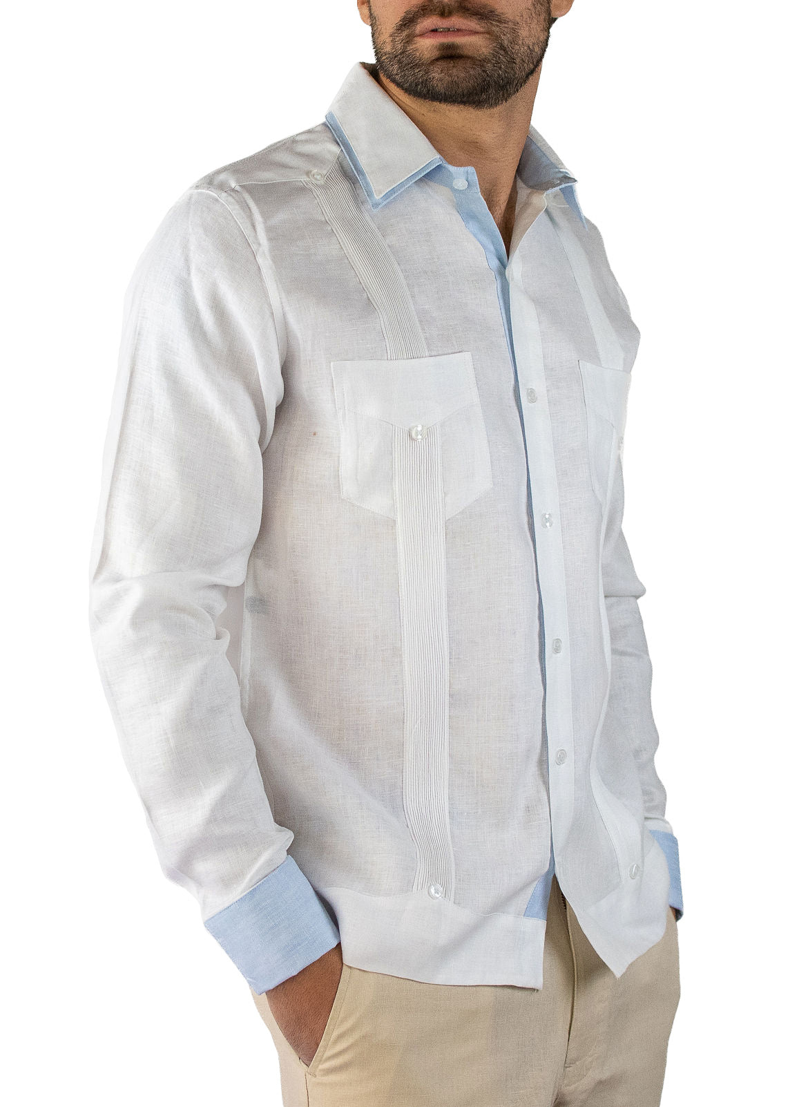 Guayabera Teruel Blanca Con Detalles Cielo